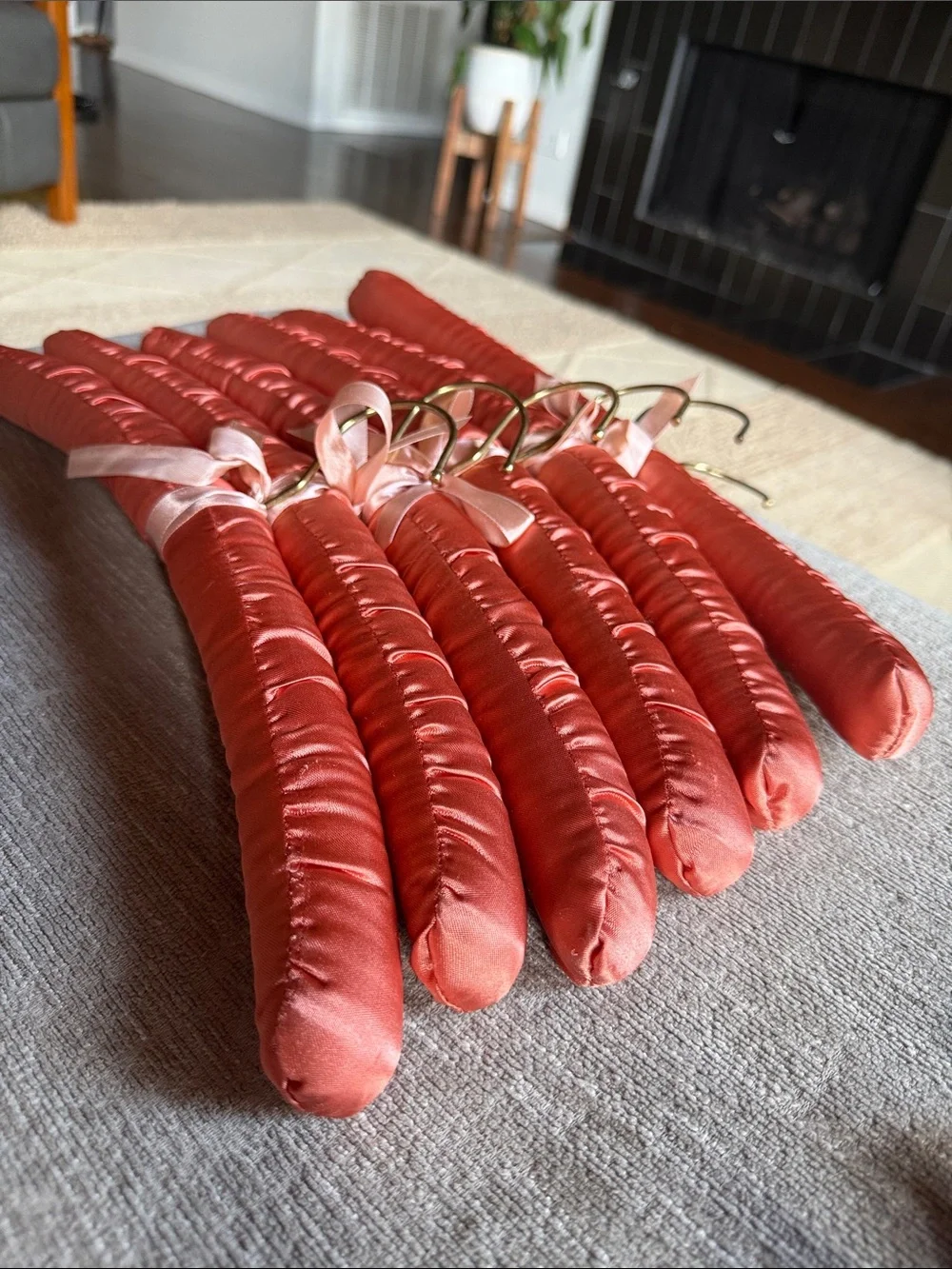 Set of 6 Satin Padded Hangers in Coral Pink with Ribbon